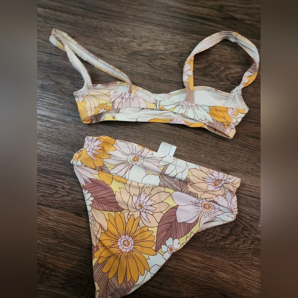 Floral High-Waist Bikini Set in Yellow, Cream & Brown